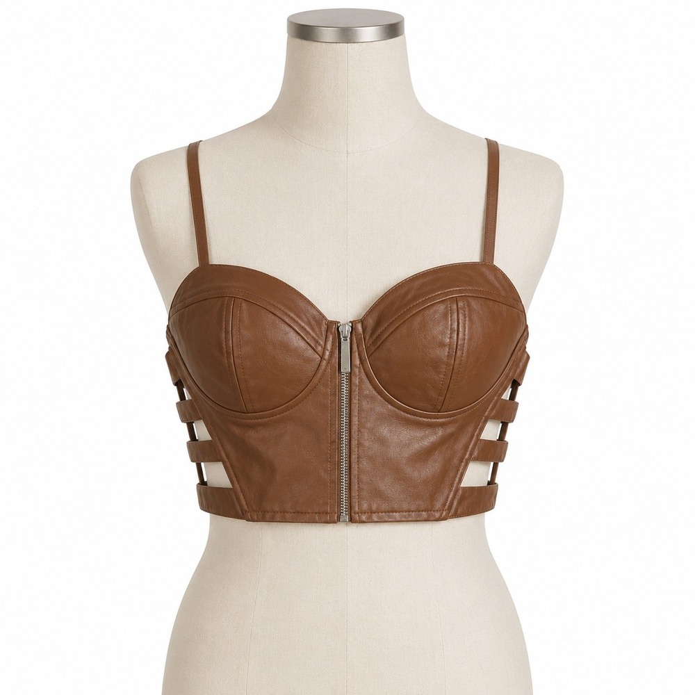 Say What Womens Brown Faux Leather Bustier Crop Top Cutout Corset Moto Medium